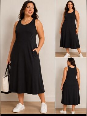 NWT Athleta Conscious Dress Black Sleeveless A-Line Midi Dress Plus Size 2X
